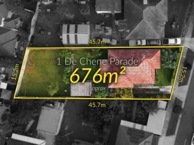 Aerial view of a rectangular property at 1 De Chene Parade outlined in yellow; dimensions about 45.7 m by 15.2 m with area around 676 m².