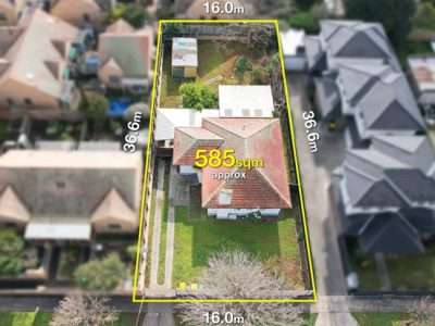 Aerial view of a rectangular residential lot outlined in yellow: 16 m by 36.6 m, about 585 sq m, with house and yard visible.